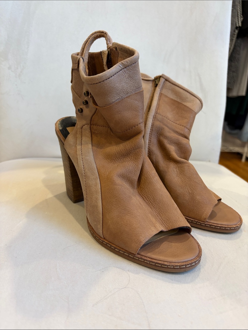 Dolce Vita Tan Open-Toe Heeled Booties with Wooden Block Heel